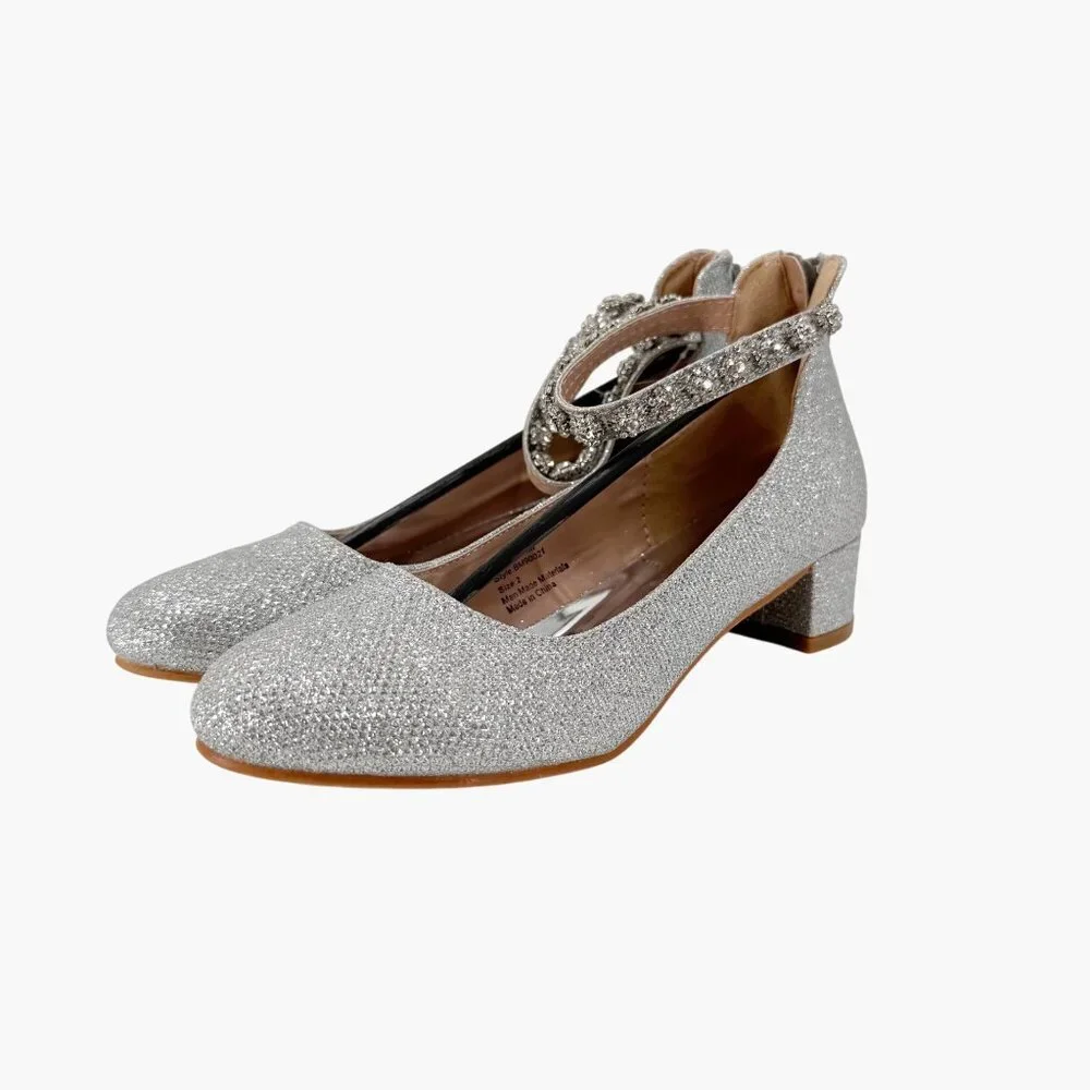 NEW Badgley Mischka Girls’ Glitter Mesh Block Heel - Silver - Size 2